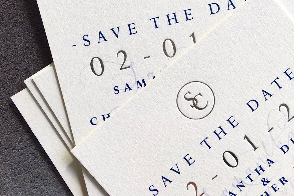 520gsm Save the Dates featuring Silver hot foiling