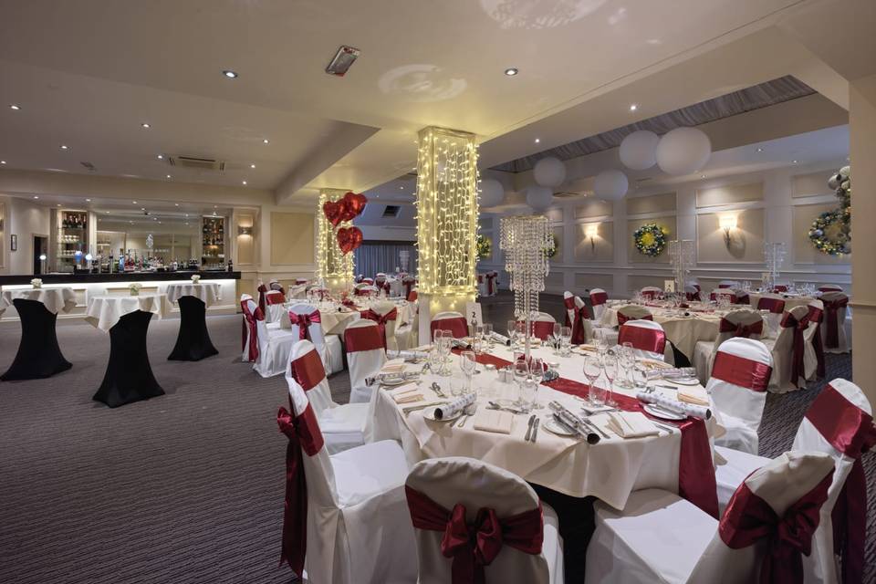 Red and white ballroom