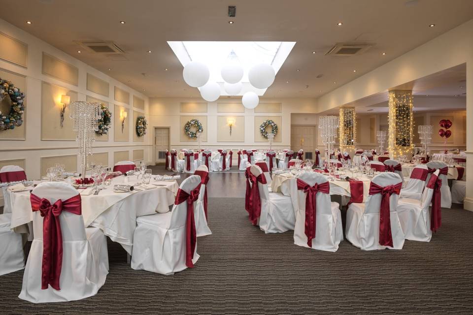 Red and white ballroom