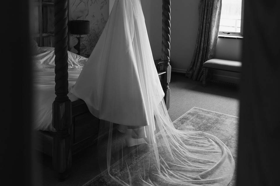 B&W wedding dress & veil