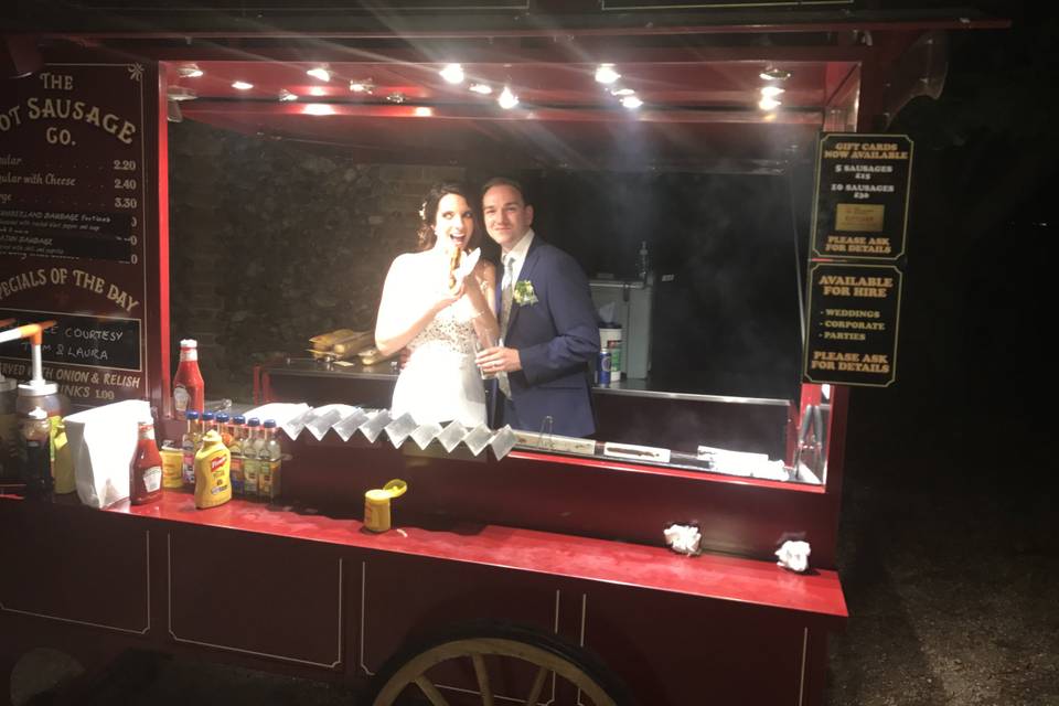 Bride and groom serving