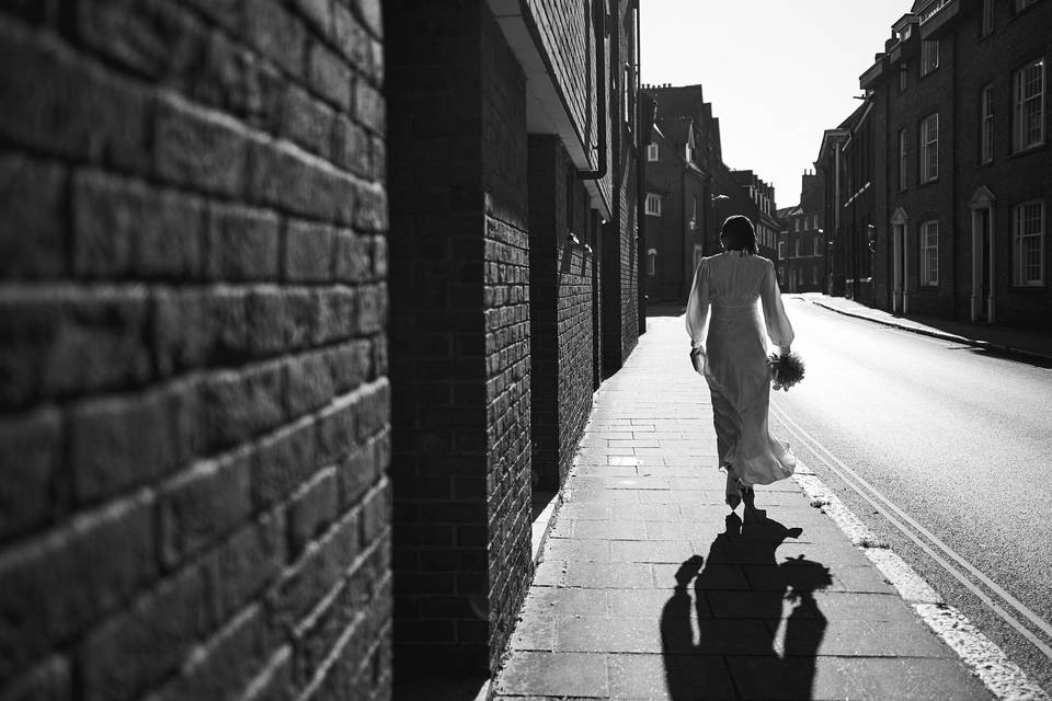 Bride walks to the church