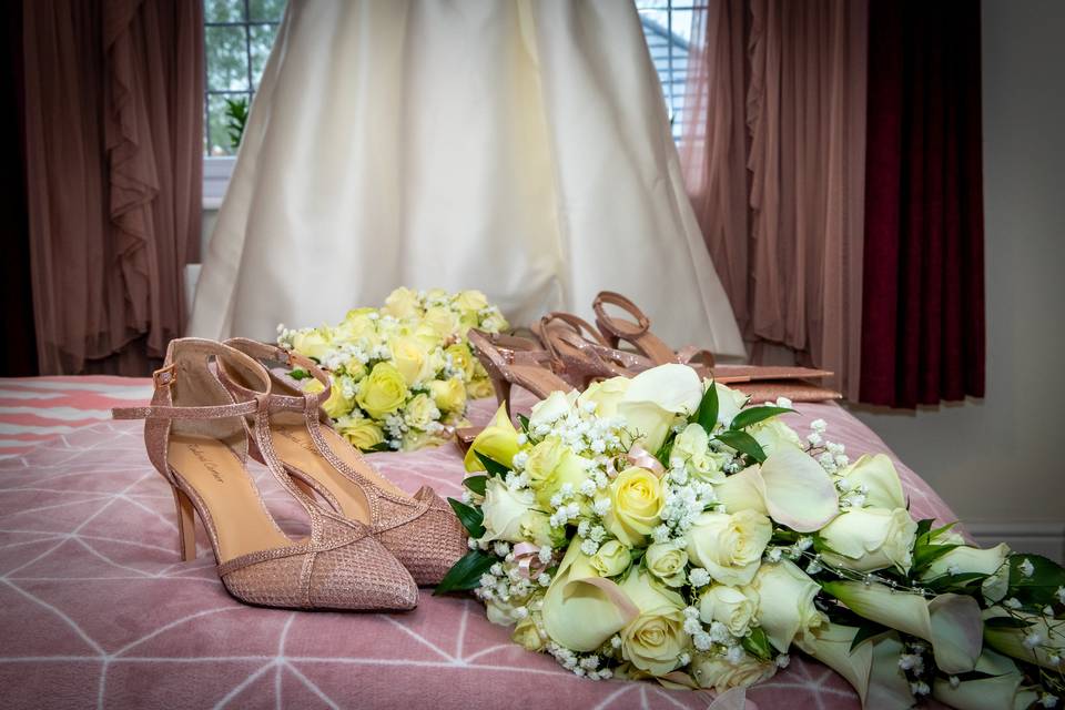 Dress, flowers, and shoes