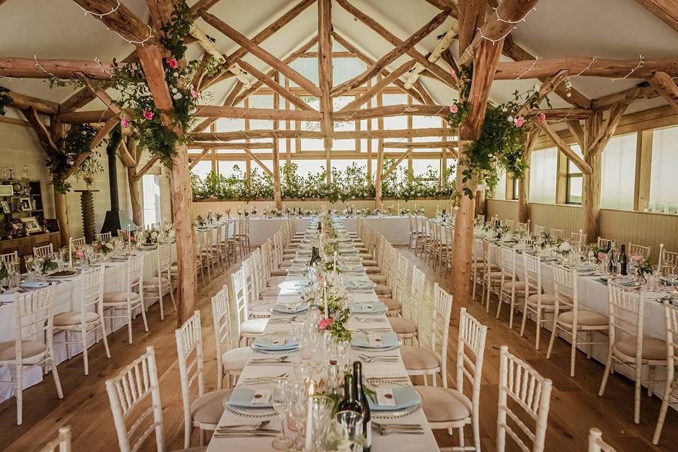 Pole barn bedecked with flowers