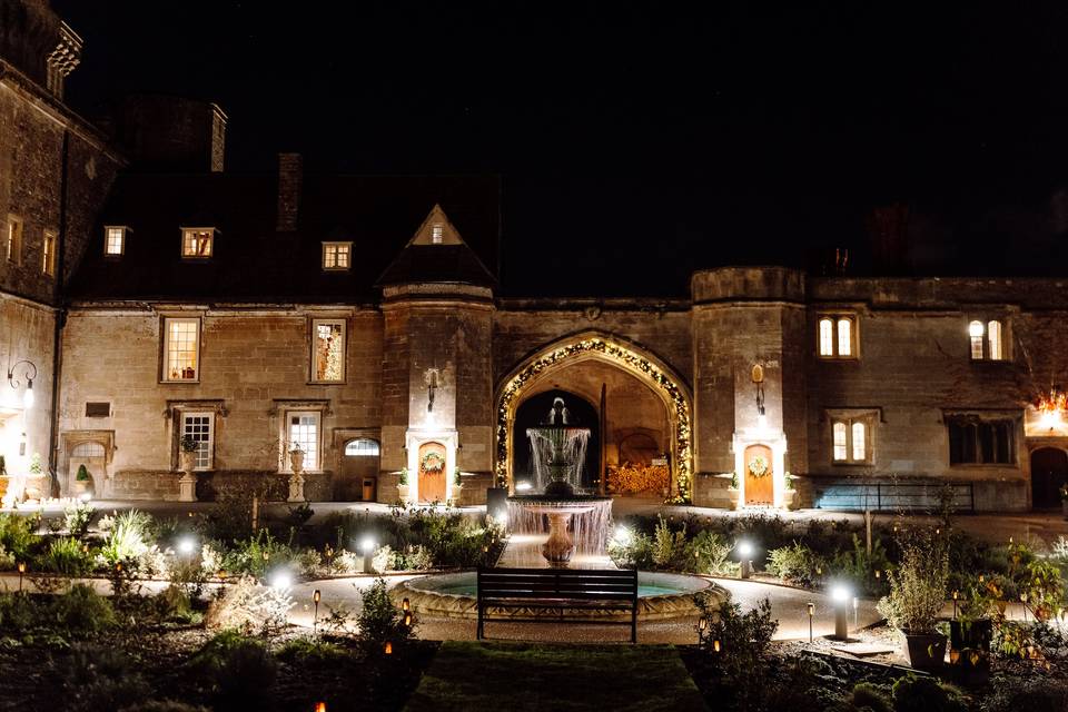 Castle courtyard at night