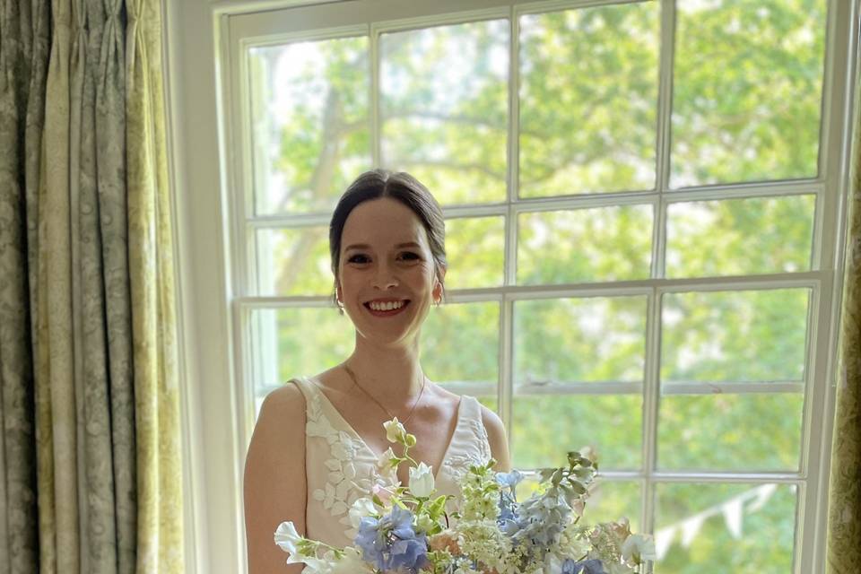 Blue and peach bridal bouquet