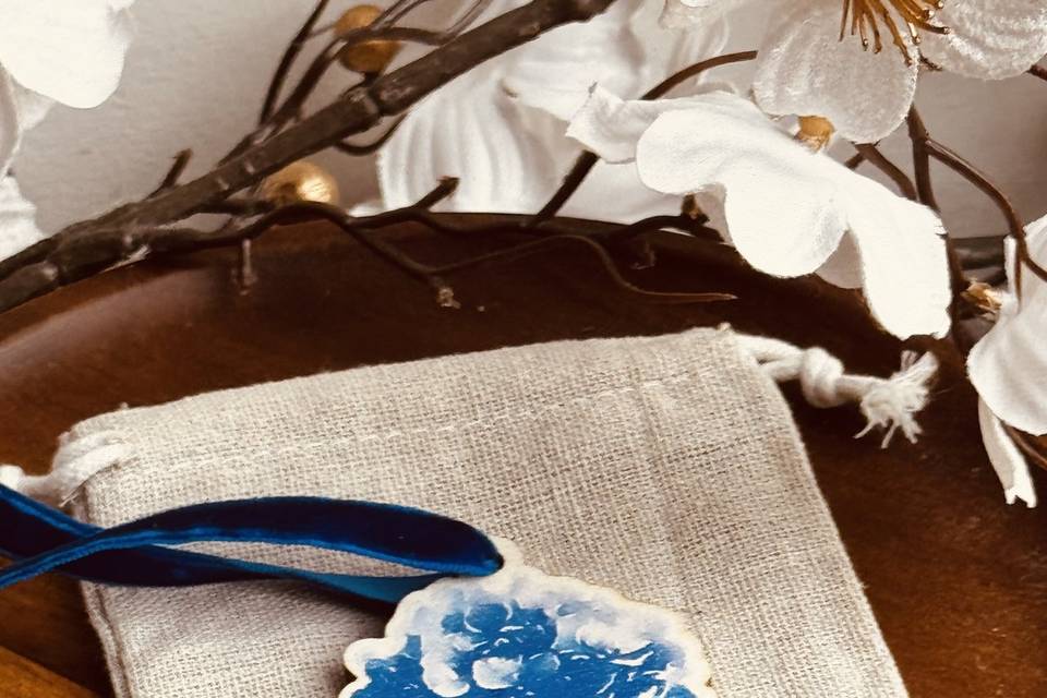 Blue hydrangea and gift bag