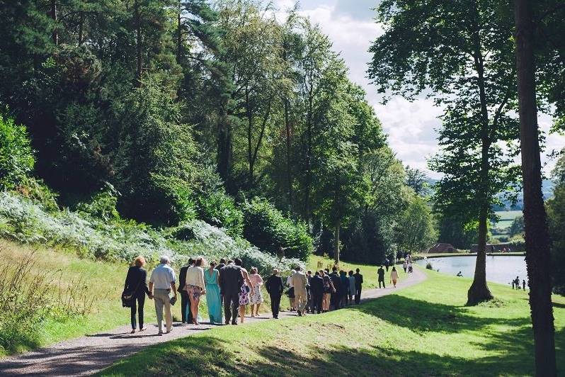 Guests strolling through the Landscape Garden