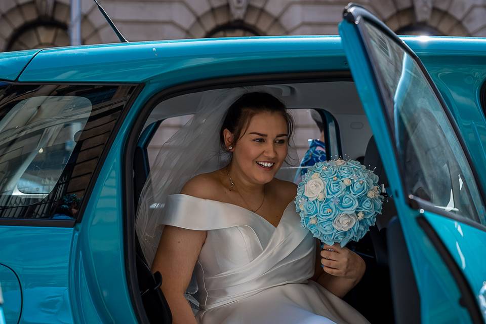 Bride happy to arrive