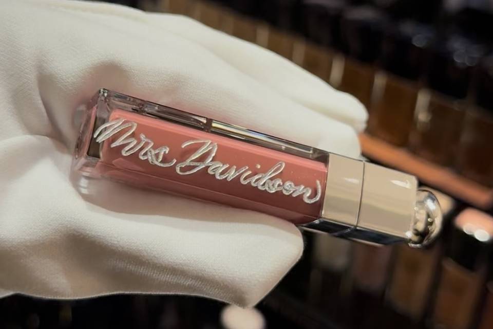 Hand engraved bridal lip oil.