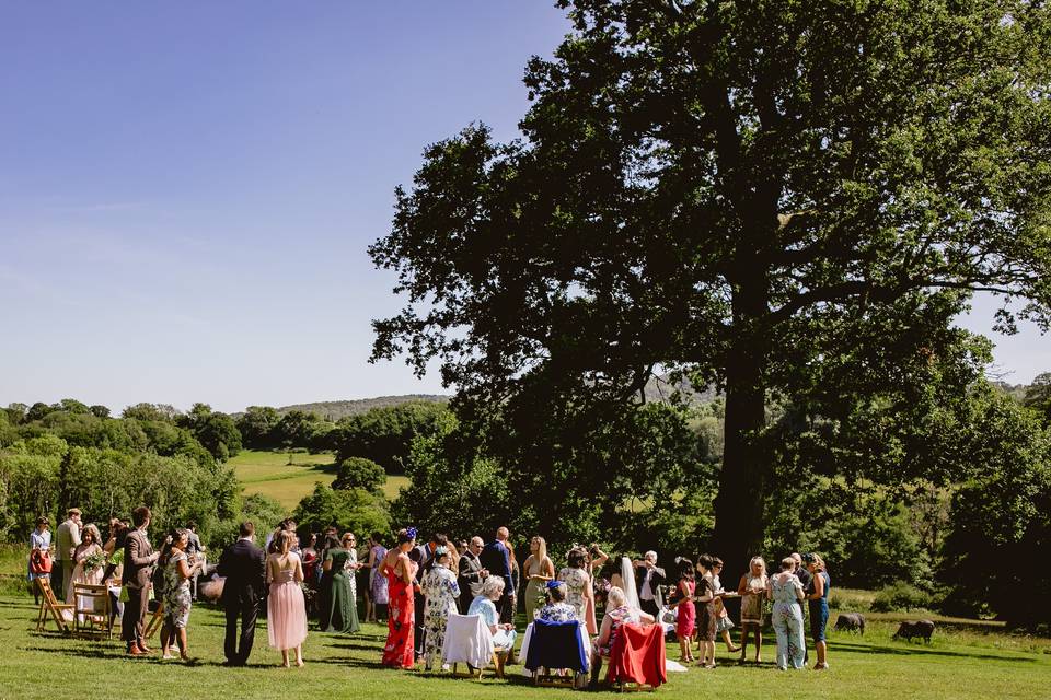 Outdoor wedding under blue skies