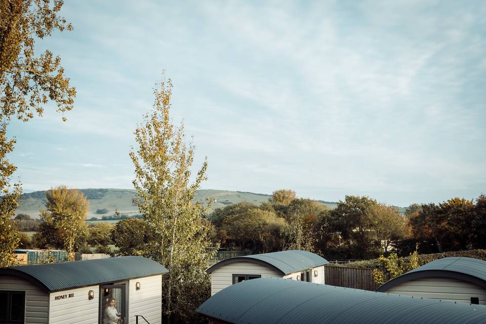 View across the huts
