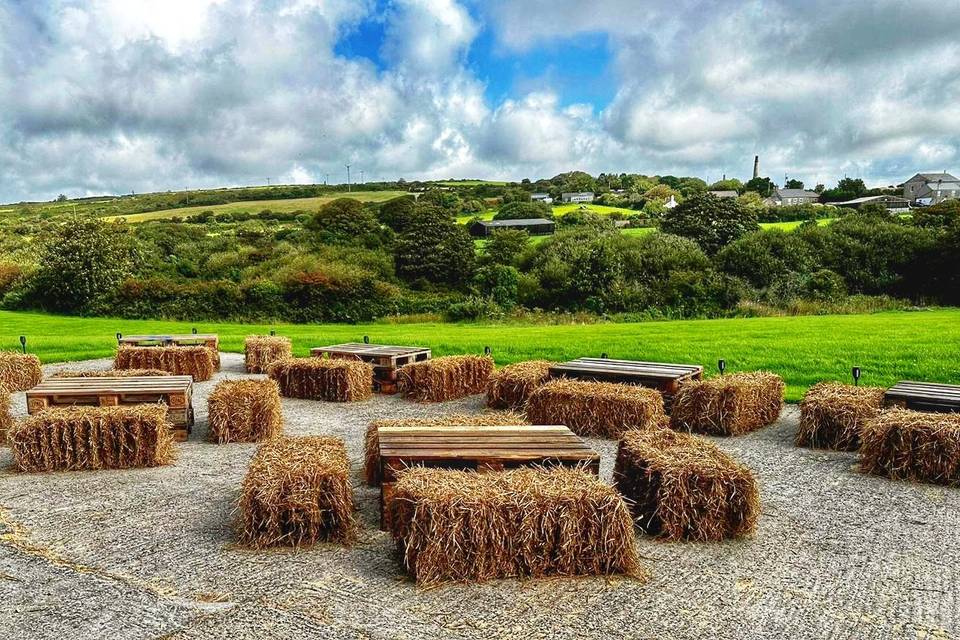 Crate tables and bale seating