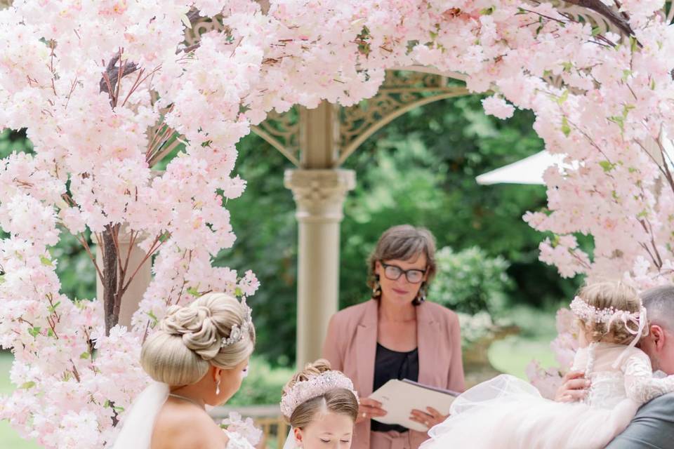 Pink summer wedding ceremony.