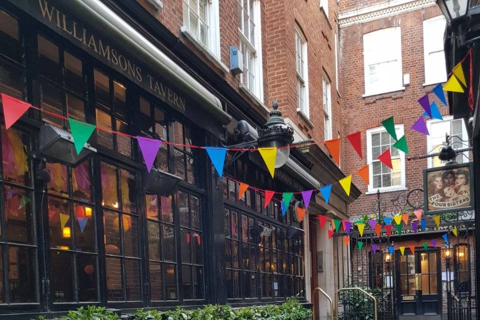 Outside with bunting f