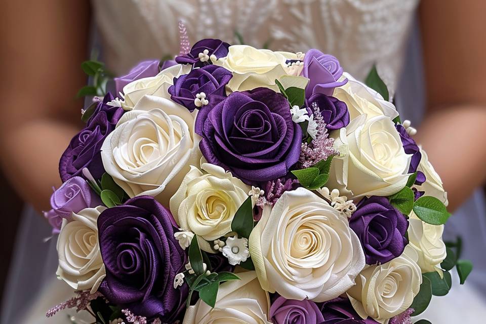 Holding white and purple bouquet