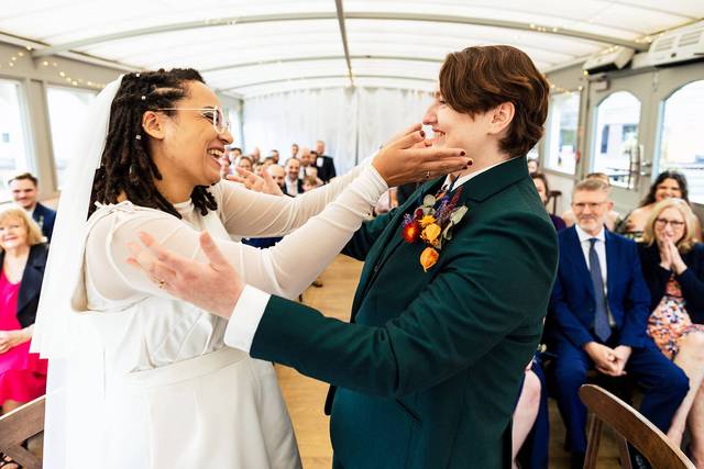 Wedding couple first kiss