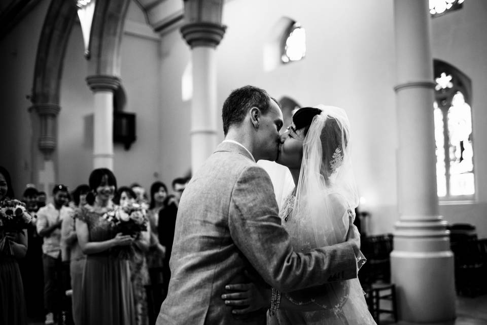 Church wedding first kiss