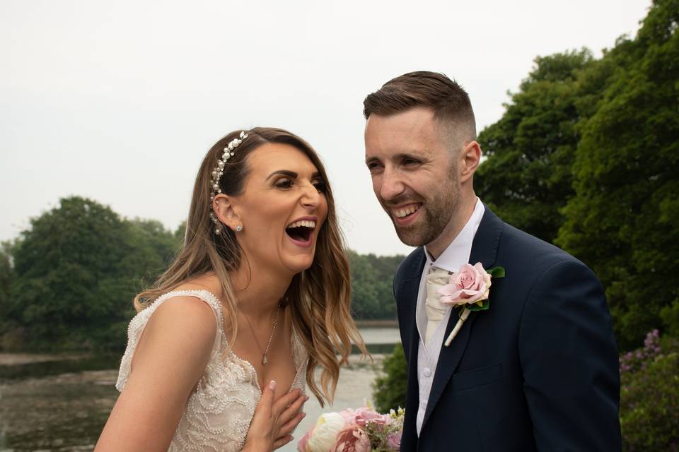 Newlyweds laughing