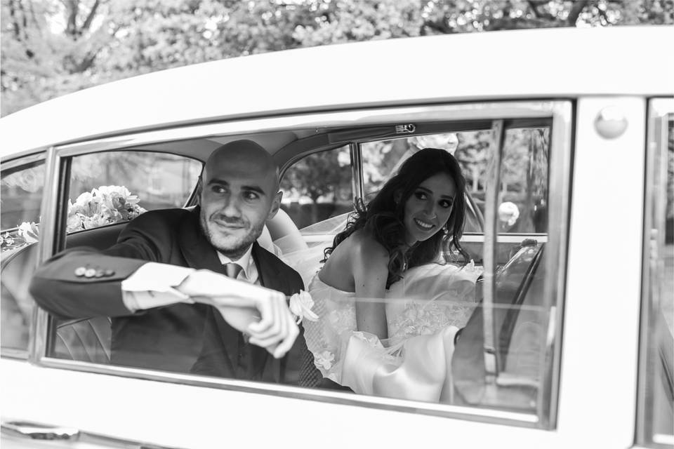The Bride and Groom in Car