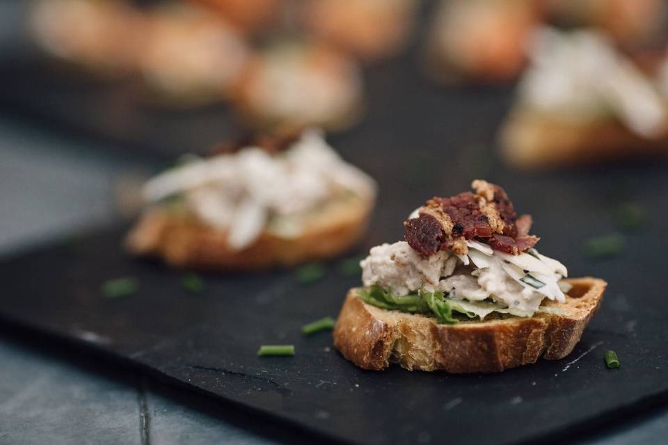 Free range smoked chicken caesar salad crostini