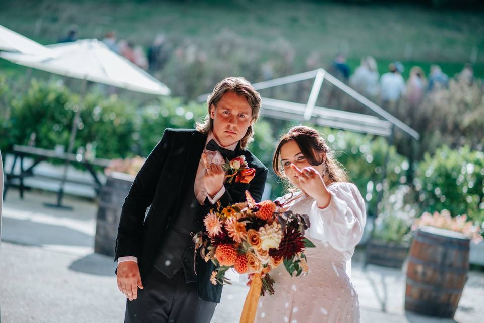 Couple holding bouquet
