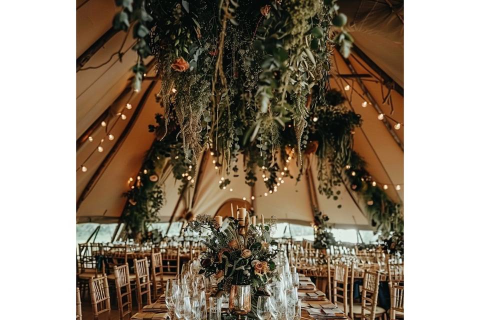 Green foliage and fairy lights