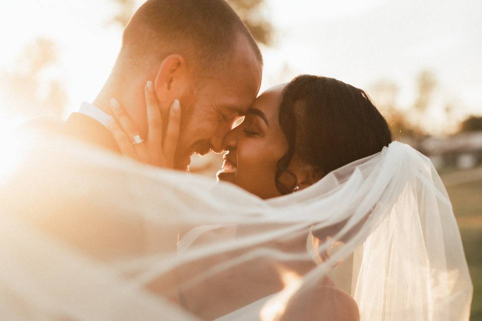 Newlyweds kissing behind veil