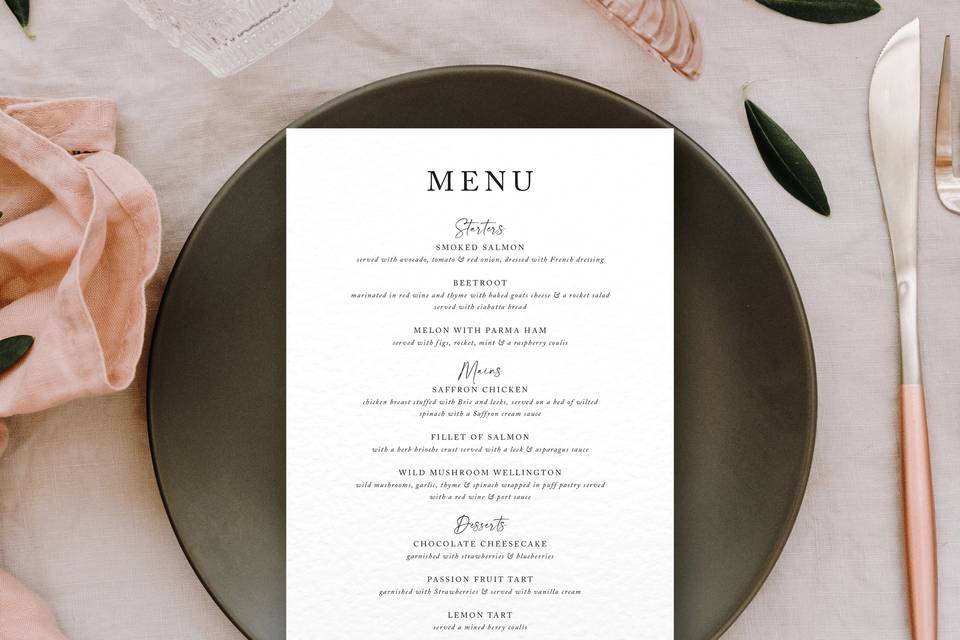 Bella dinner menus