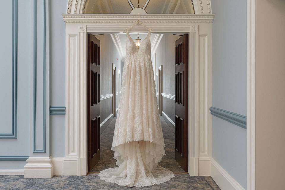 Wedding dress in the hallway