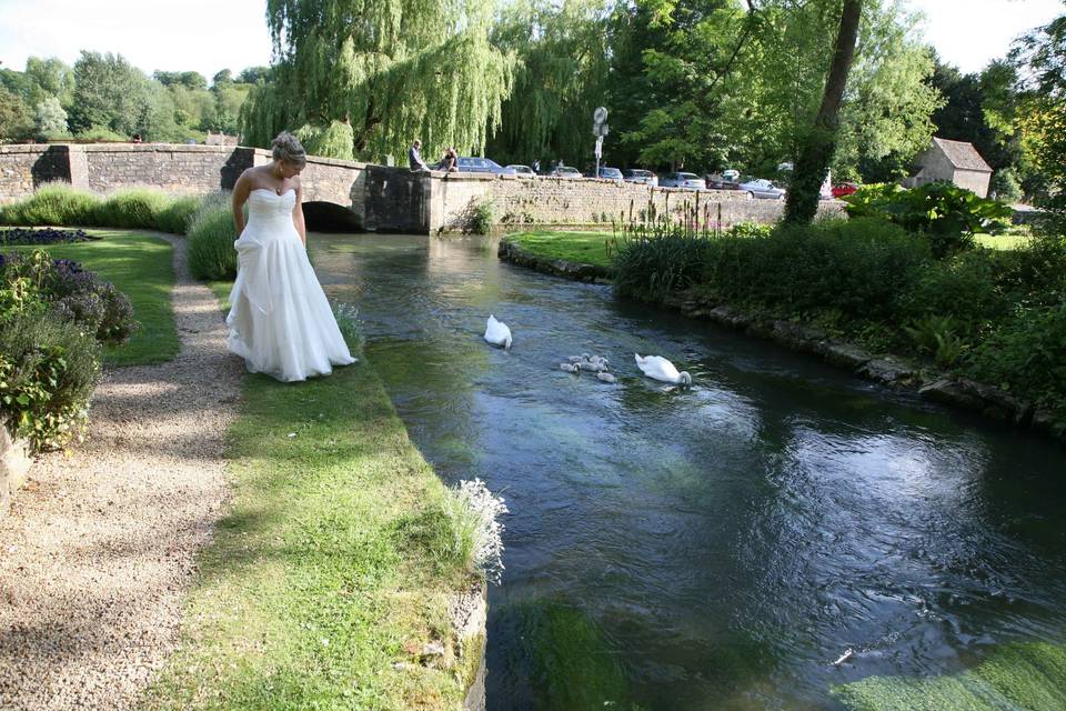 Romantic setting of the Swan Hotel in the Cotswold village of Bibury.