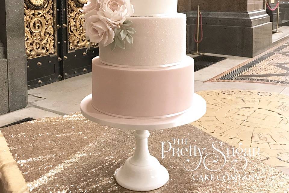 Blush sparkle and sugar florals wedding cake