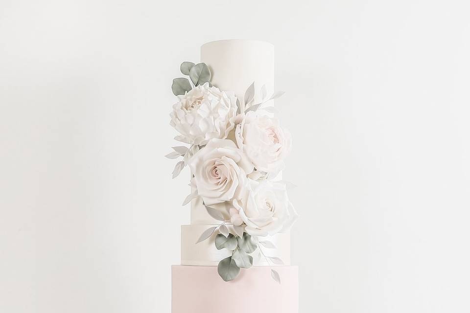 Grey and blush pink with cascading florals