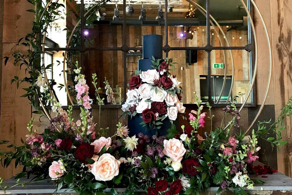 Navy, Burgundy and blush sugar florals wedding cake