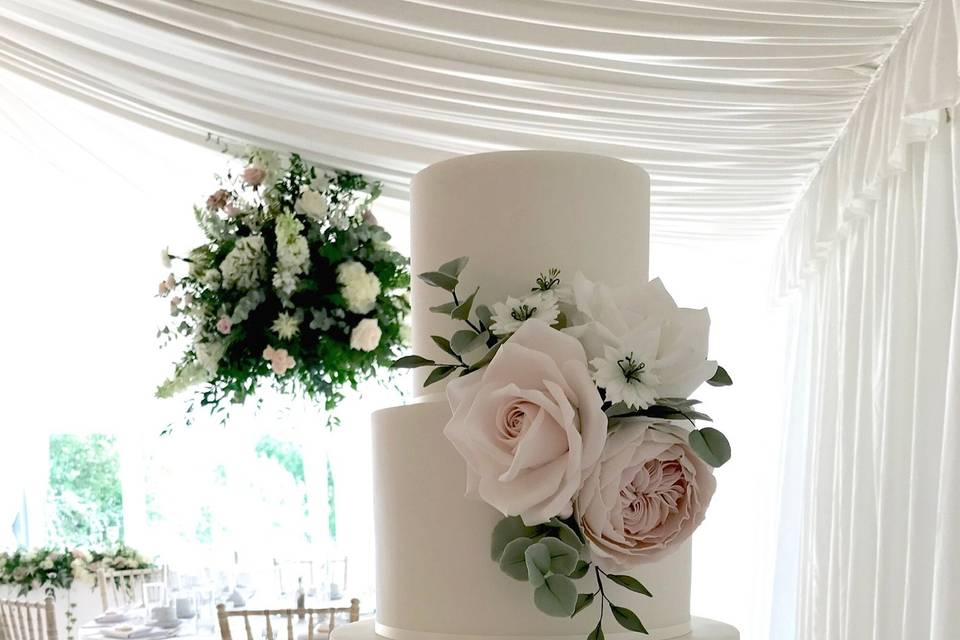 Blush sugar florals wedding cake