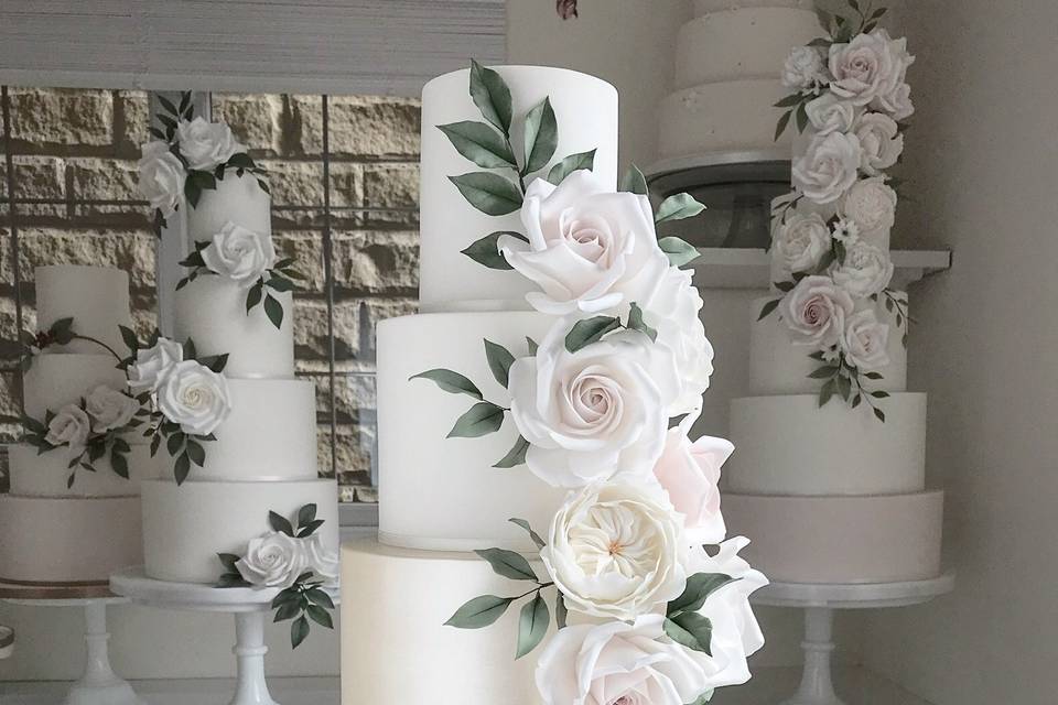 Blush and gold shimmer sugar floral cascade wedding cake