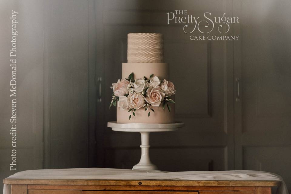 Blush pearl sugar florals wedding cake