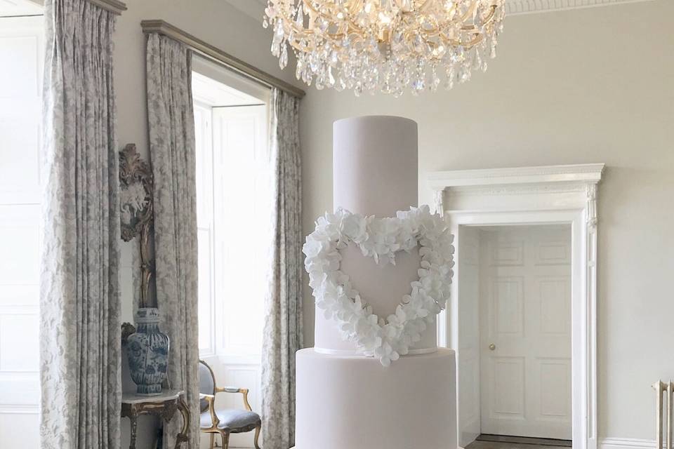 Blush hydrangea heart wedding cake