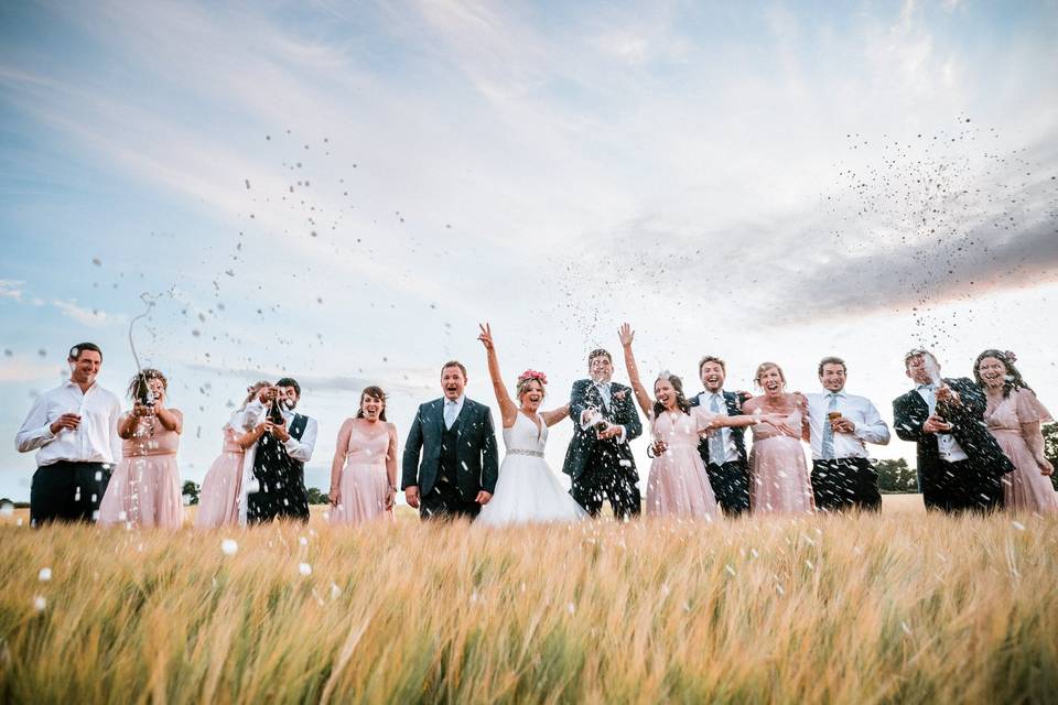 Wedding party in a field