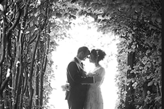 Bride and Groom in Willow Tunnel