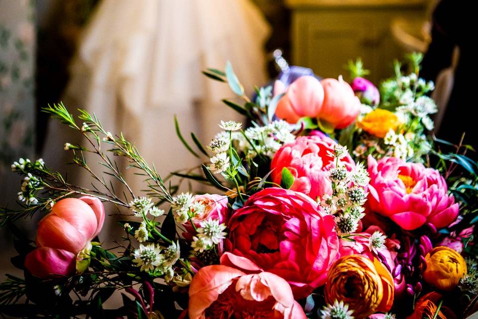 Bridal bouquet and dress