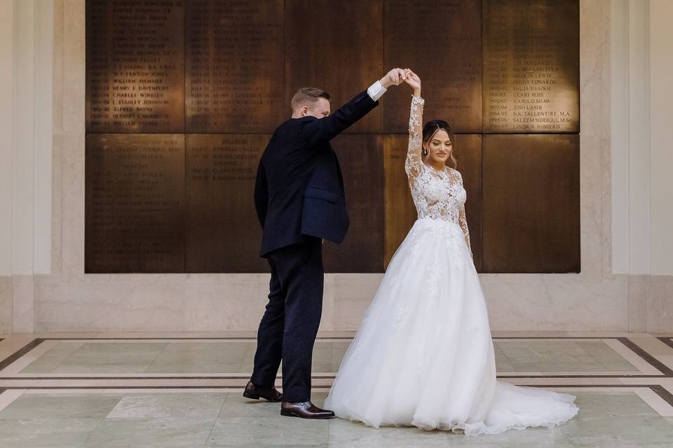 Bride and groom dancing