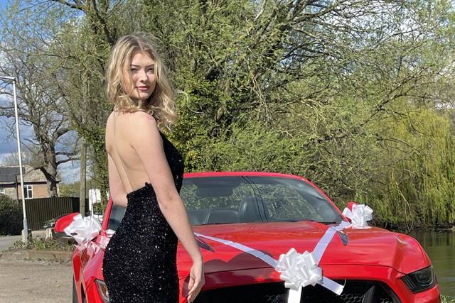 Bride with decorated Mustang.