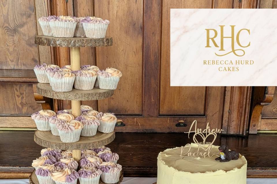 Large cutting cake and cupcake