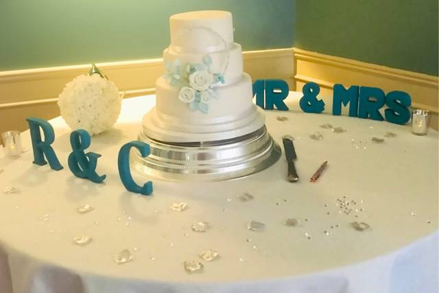 White & Teal Wedding Cake
