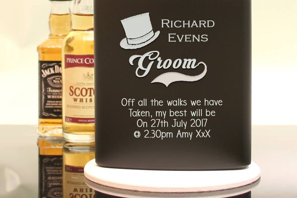 Engraved groom hip flask