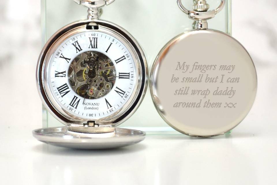 Engraved skeleton pocket watch