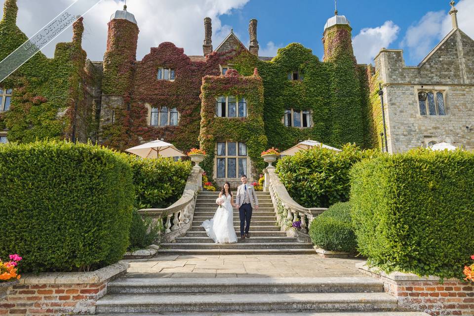 Walking down the manor steps