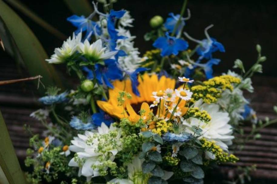 Blue and yellow bridal bouquet