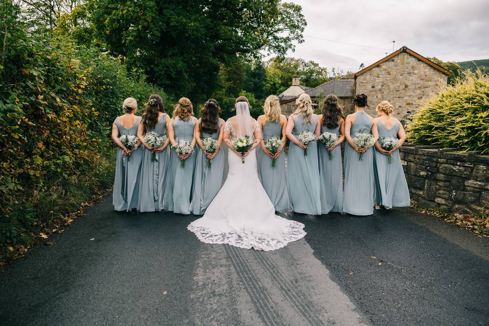 Wedding party linking arms